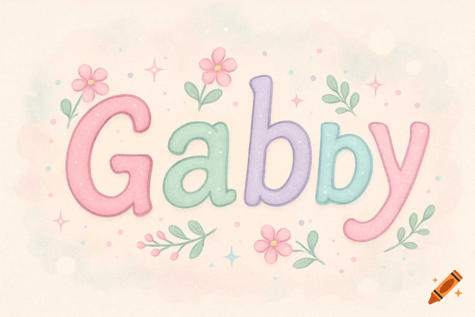 The name Gabby spelled out in cute pastel watercolor letters, surrounded by flowers and sparkles.