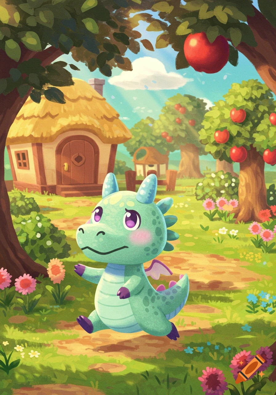 A cute green cartoon dragon with purple accents skips along a path in a vibrant, sunny Animal Crossing-style village.