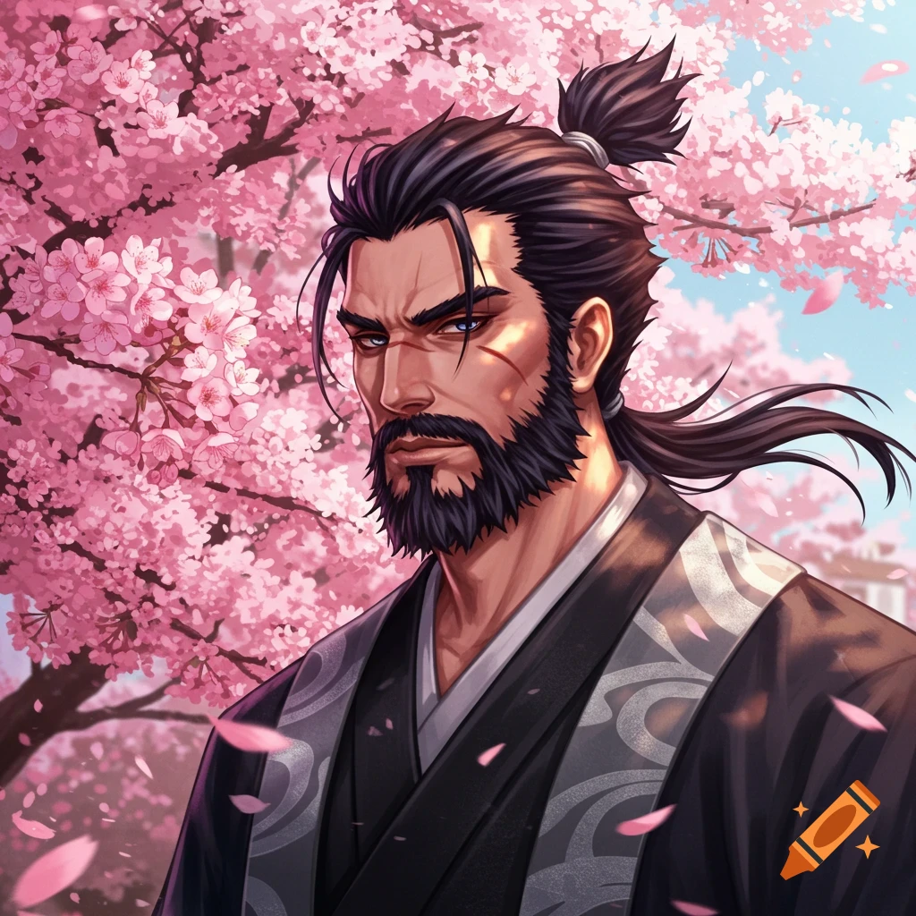 Anime-style portrait of a bearded man with a top knot in traditional attire standing among pink cherry blossoms.
