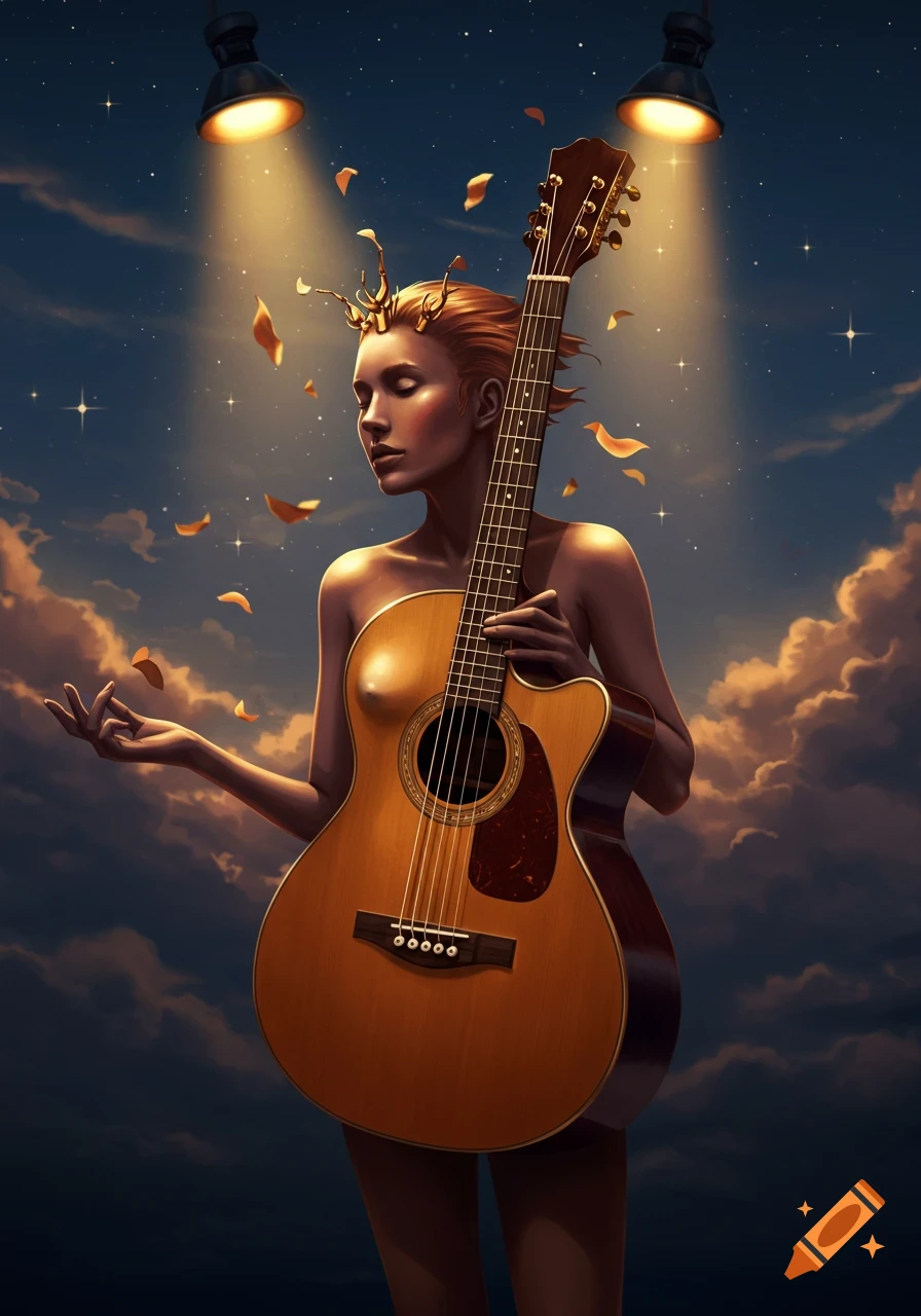 Illustrative portrait of a woman with an acoustic guitar under spotlights, surrounded by falling leaves against a starry night sky.