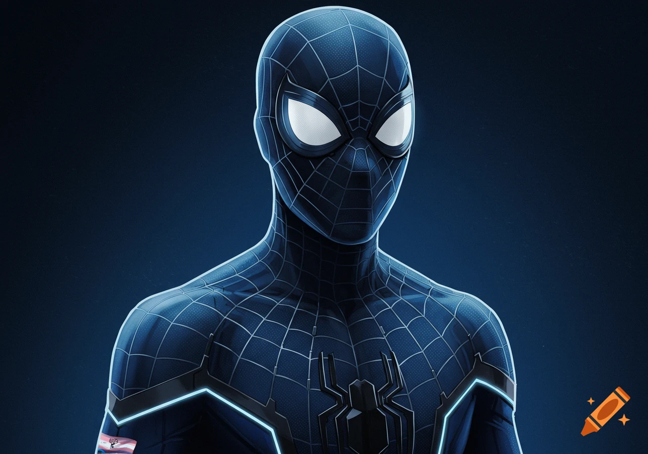 Close-up of a dark blue and black Spider-Man in a custom suit with glowing white webbing and a trans pride flag patch on the left arm. Stylized digital art.