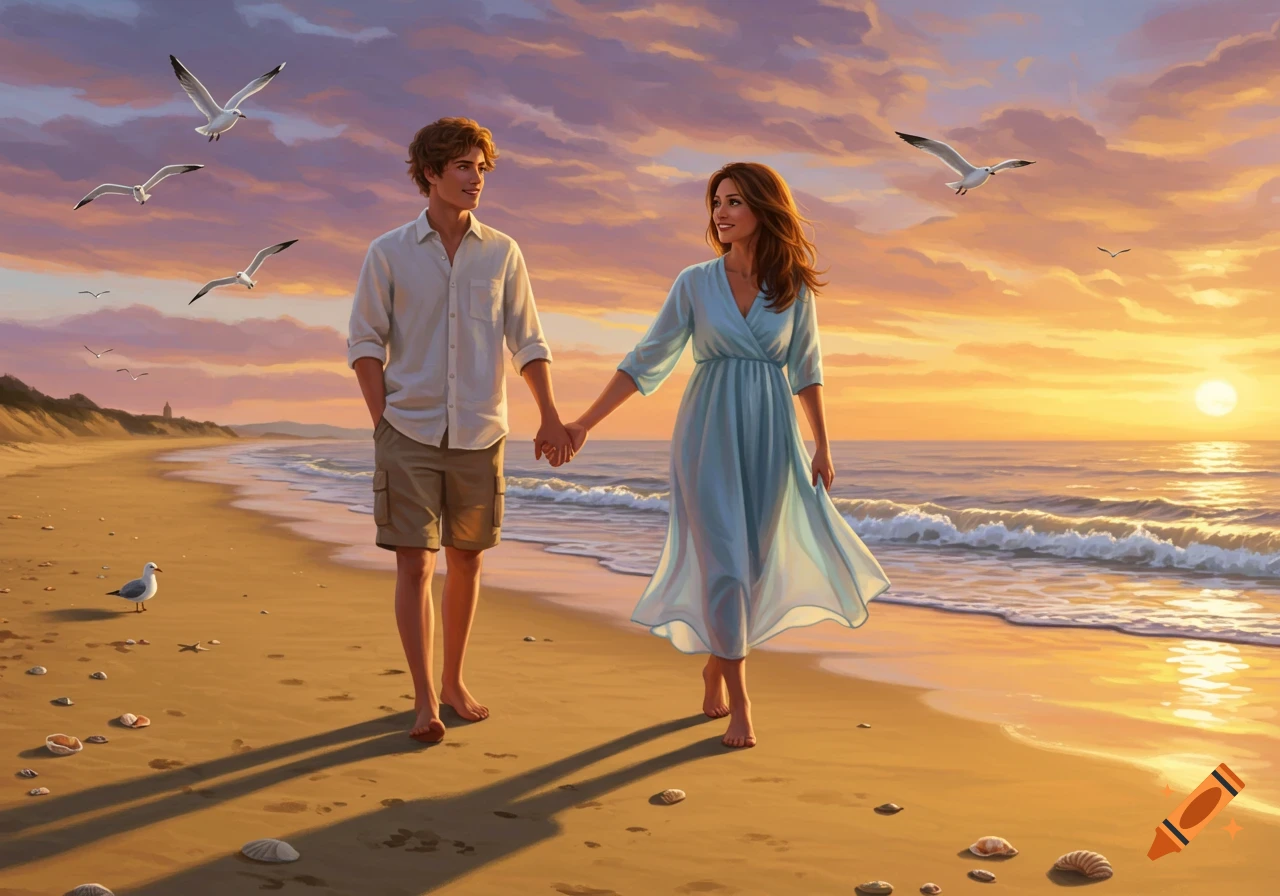 Young man and older woman hold hands, walking barefoot on a sandy beach at sunset, with seagulls.