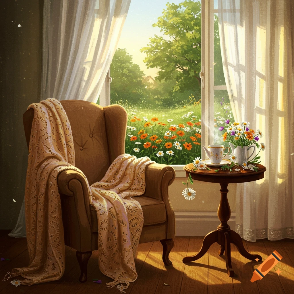 Cozy armchair by a bright window overlooking a sunny field of daisies, with a teacup and flowers on a side table, bathed in warm morning light.