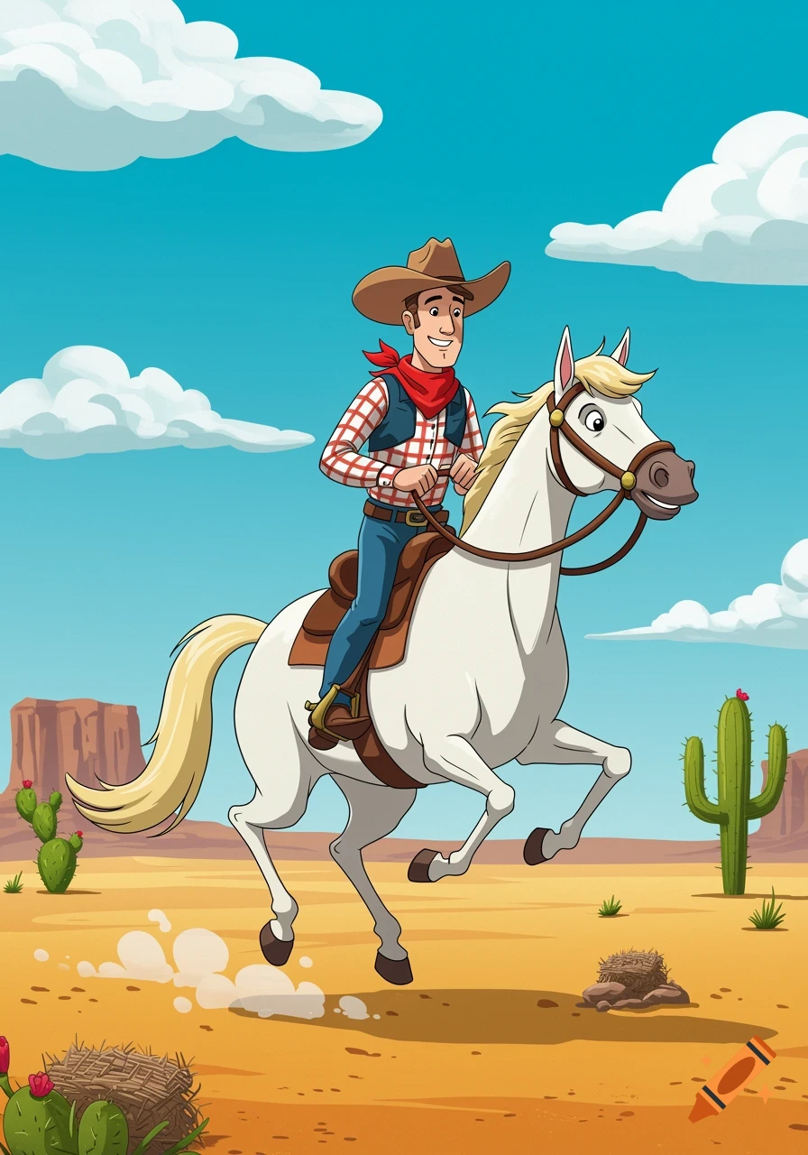 A cartoon cowboy in a plaid shirt and red bandana rides a white horse through a desert landscape with cactuses and mesas.