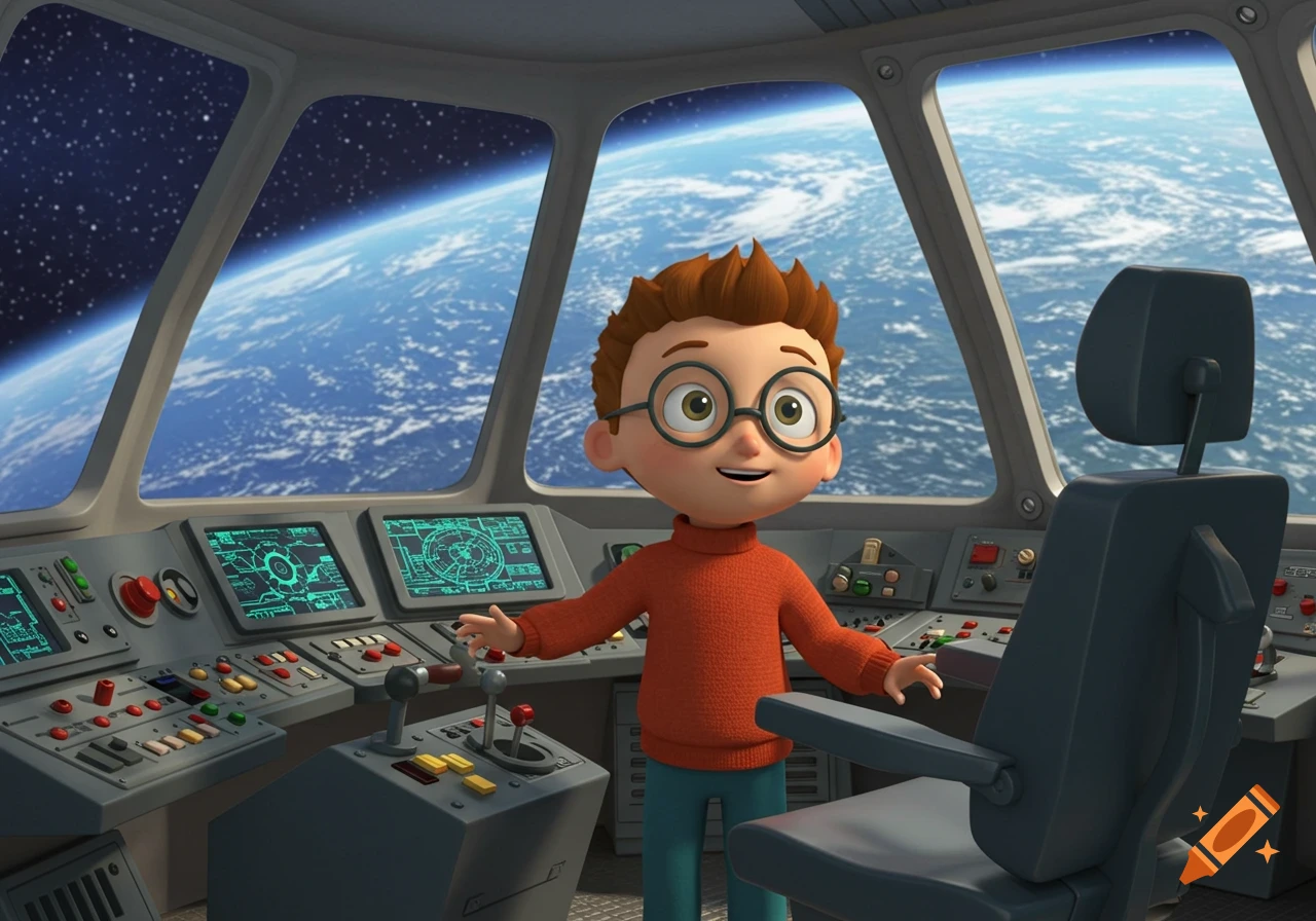 A 3D animated boy with glasses and an orange sweater stands in a spaceship cockpit, with Earth visible outside the windows.