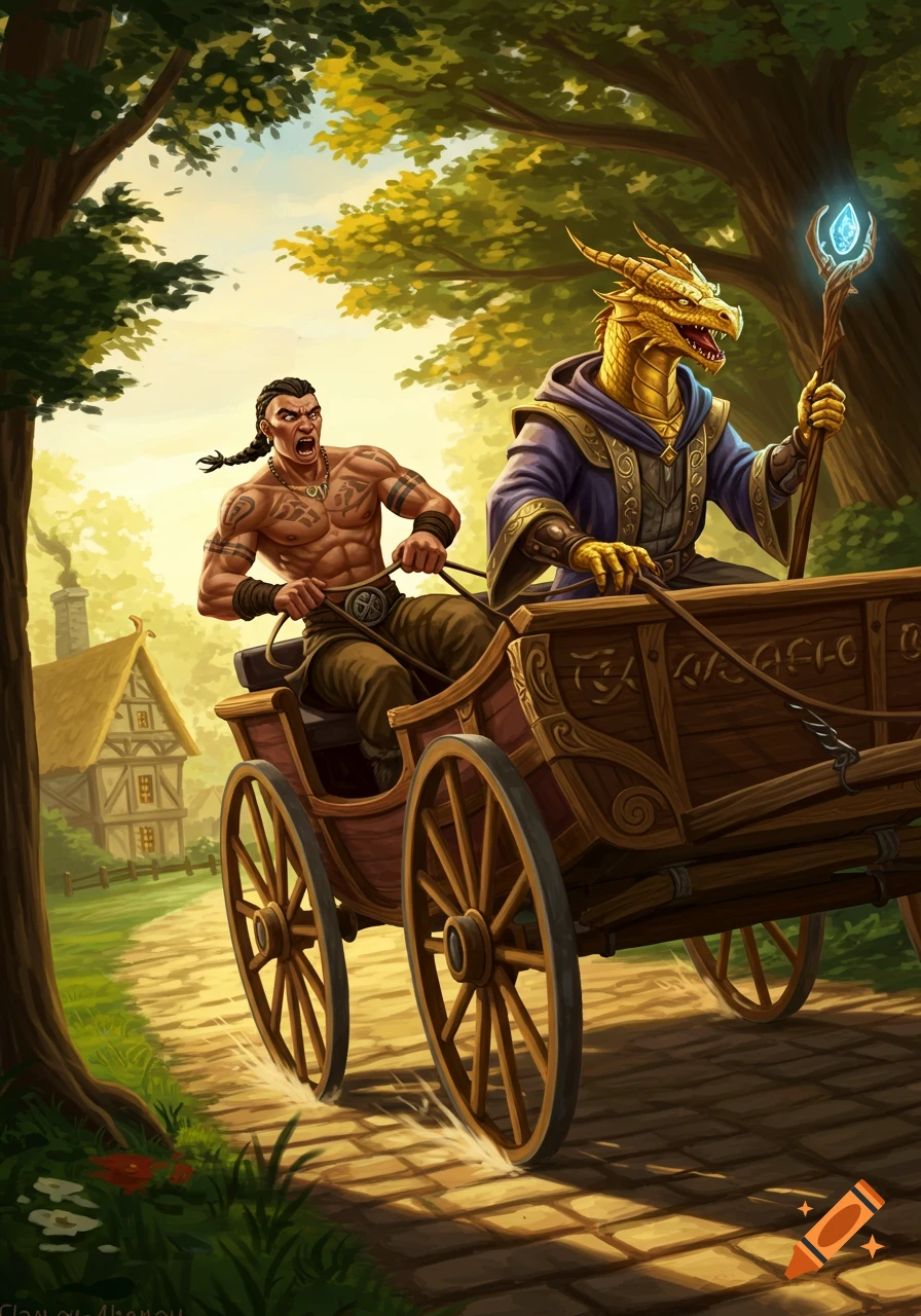 A muscular human barbarian drives a carriage alongside a gold dragonborn wizard holding a staff on a cobblestone path through a sunny forest.