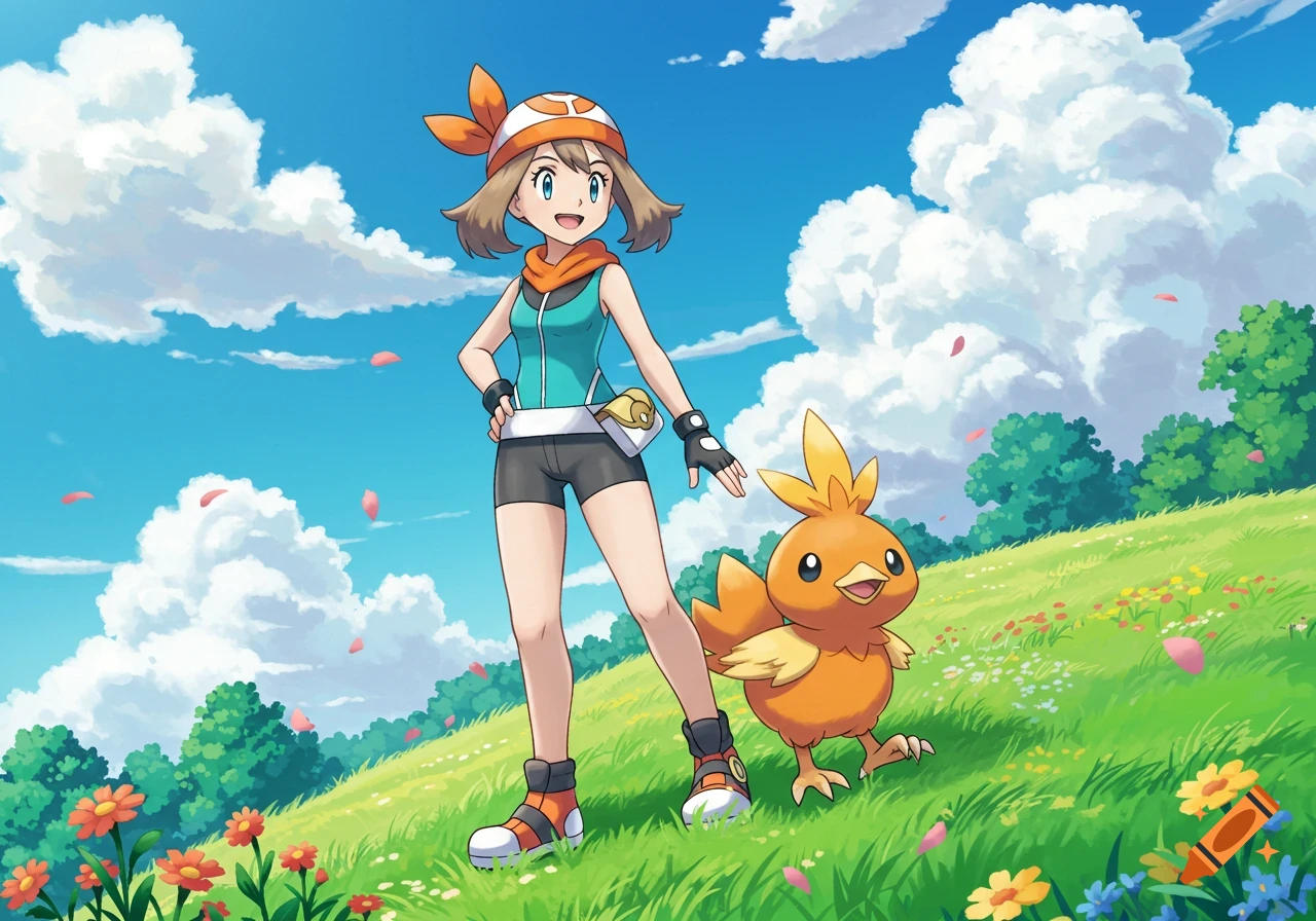 May from Pokemon and Torchic on a sunny, grassy hill with blue sky and white clouds in an anime style.