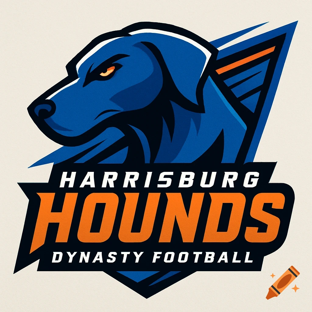 A blue, orange, and black logo for the Harrisburg Hounds football team, featuring a stylized blue dog head.