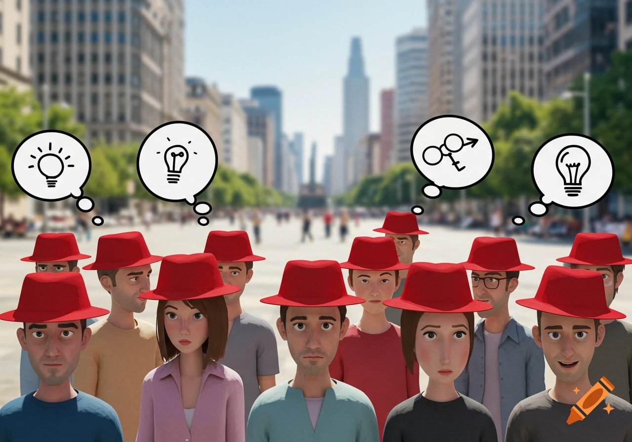A crowd of stylized people in red hats stand in a blurry city street, some with thought bubbles showing lightbulbs or abstract symbols.