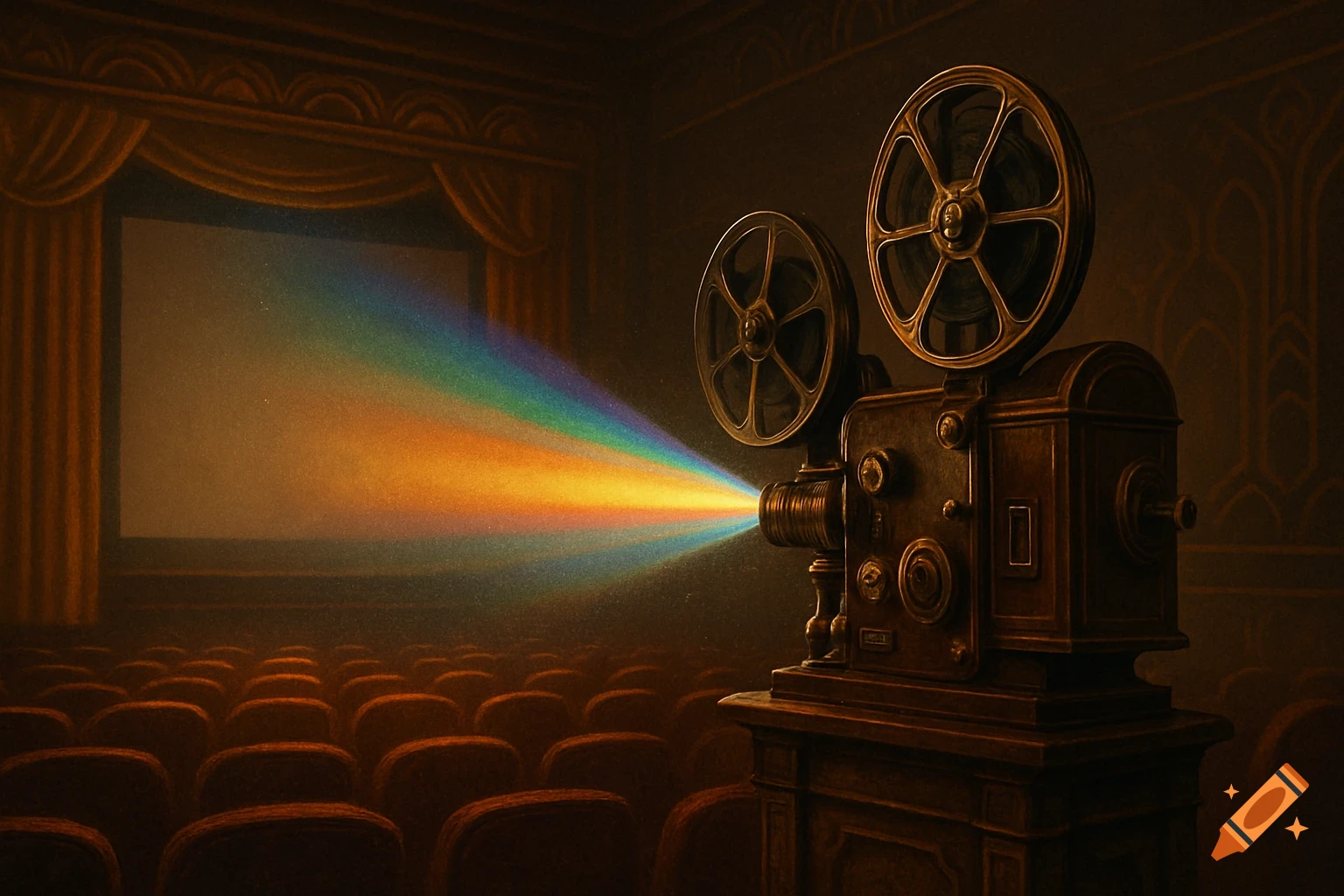 A vintage film projector casts a rainbow light beam onto a screen in an empty, dark movie theater.