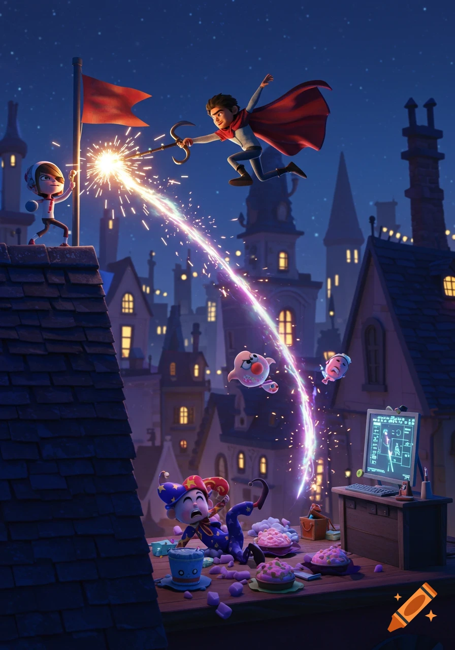 A whimsical 3D Pixar-style scene shows a superhero flying over city rooftops, grappling a flagpole, while another character shoots sparks and a jester tumbles on a table.