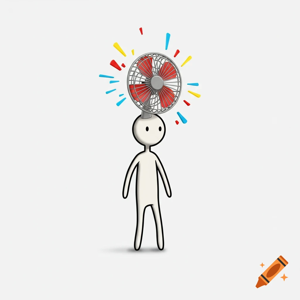 A minimalist white stick figure stands, looking forward, with a red fan for a head surrounded by colorful bursts.