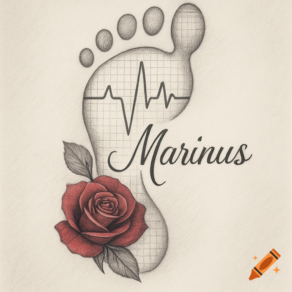 A black and white pencil drawing of a foot sole with an ECG heartbeat pattern inside, alongside a red rose and the name "Marinus" in script.