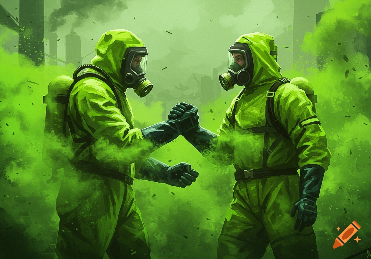 Two hazmat workers in bright green suits and gas masks lock forearms in a handshake amidst swirling green smoke and distant industrial structures.