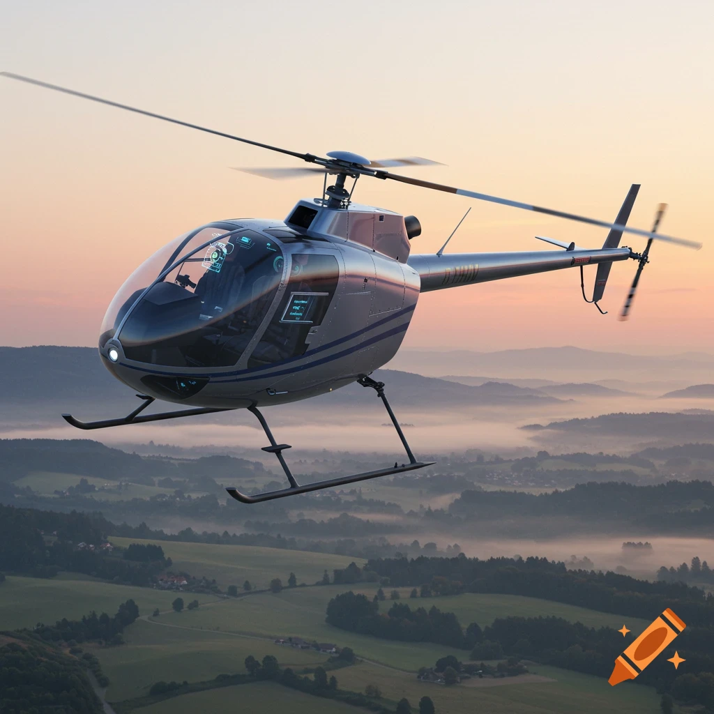 A photorealistic silver helicopter with a blue stripe flying over a misty, green mountainous landscape at sunset.
