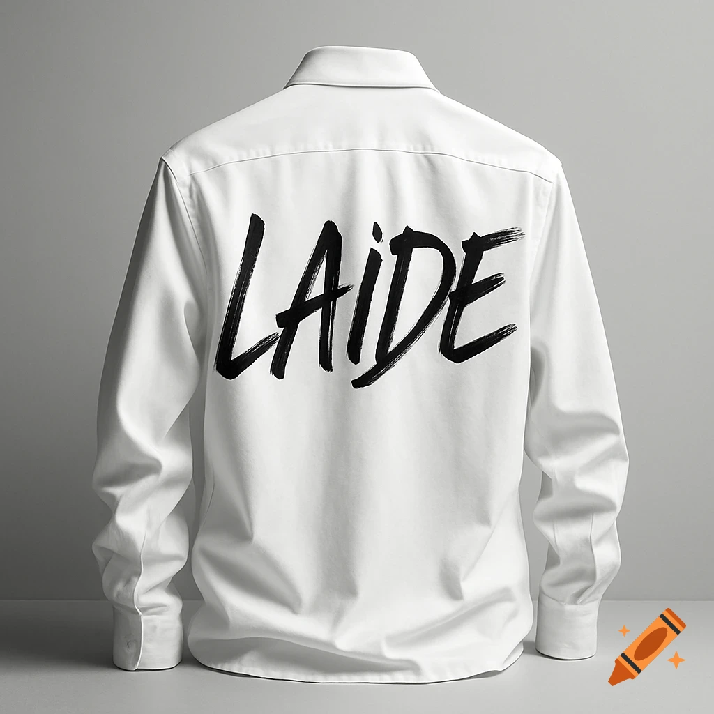 Back of a white long-sleeved shirt with 'LAIDE' in black brushstroke text.