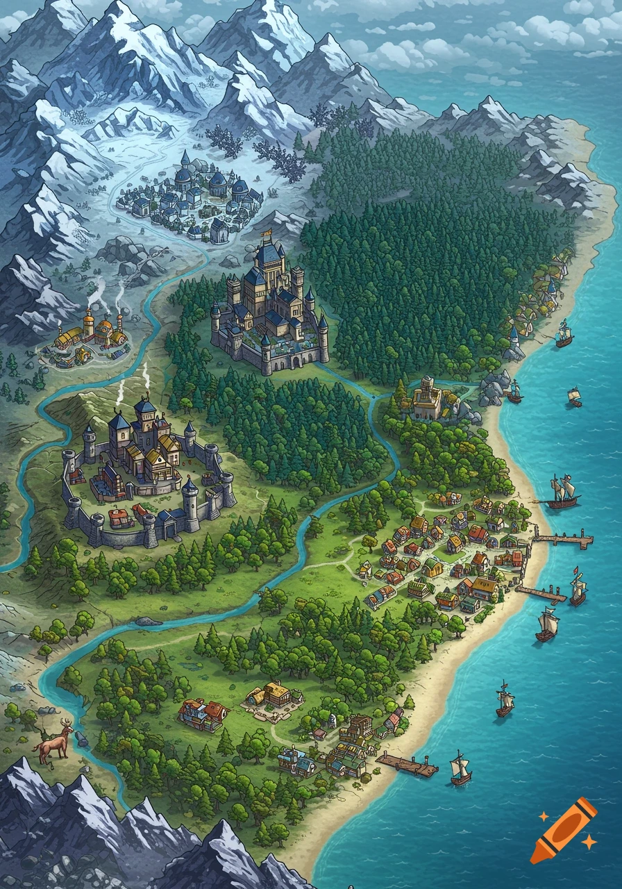 An illustrative fantasy map with snowy mountains, a forest, two castles, a river, villages, and ships along a coastline.