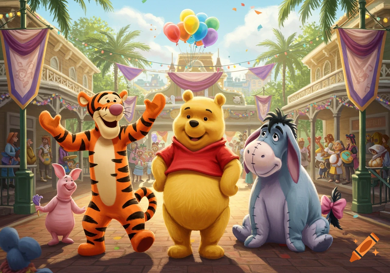 Winnie the Pooh, Tigger, Piglet, and Eeyore greet guests at a colorful outdoor theme park.