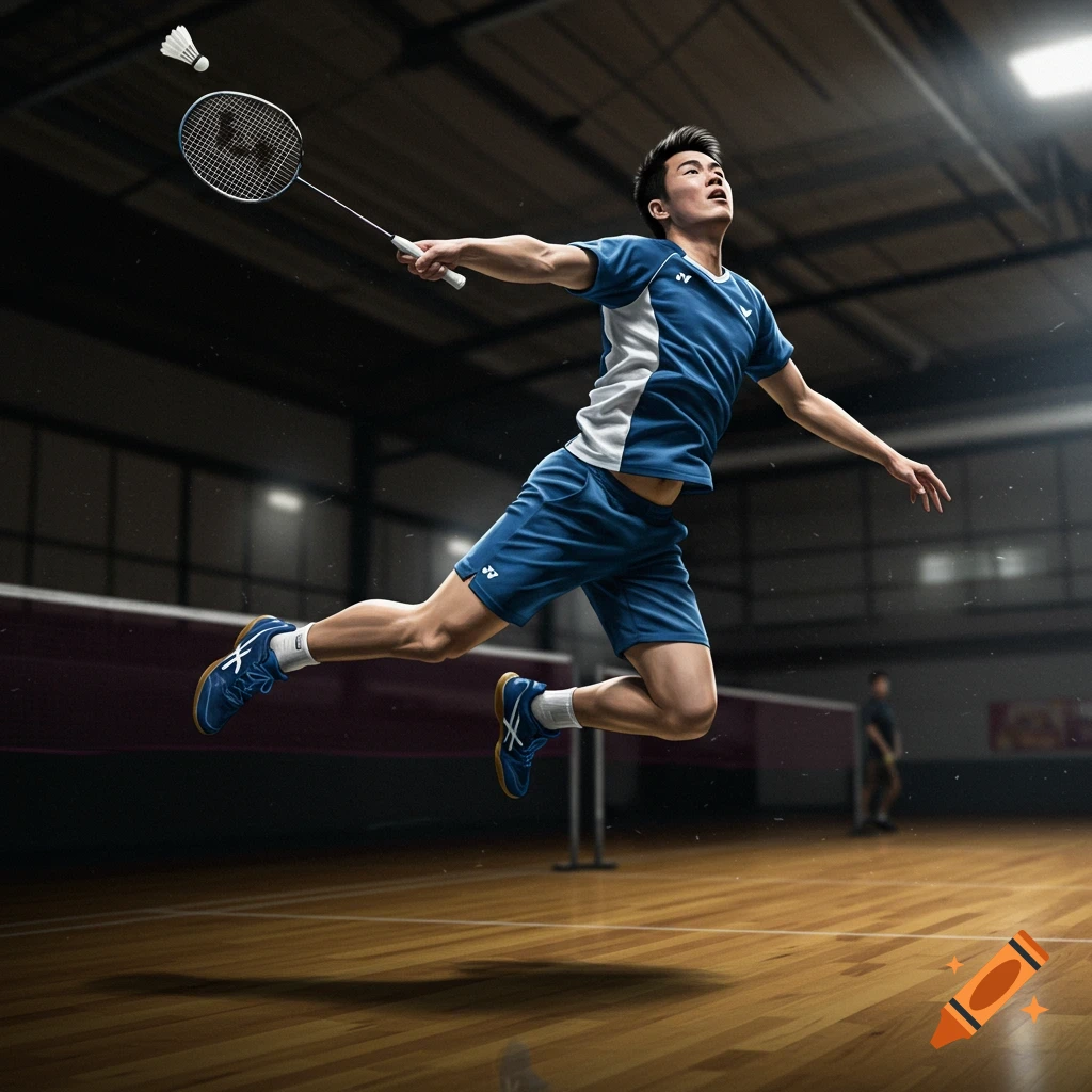 A male badminton player in a blue and white uniform jumps high to hit a shuttlecock with his racket on a court.