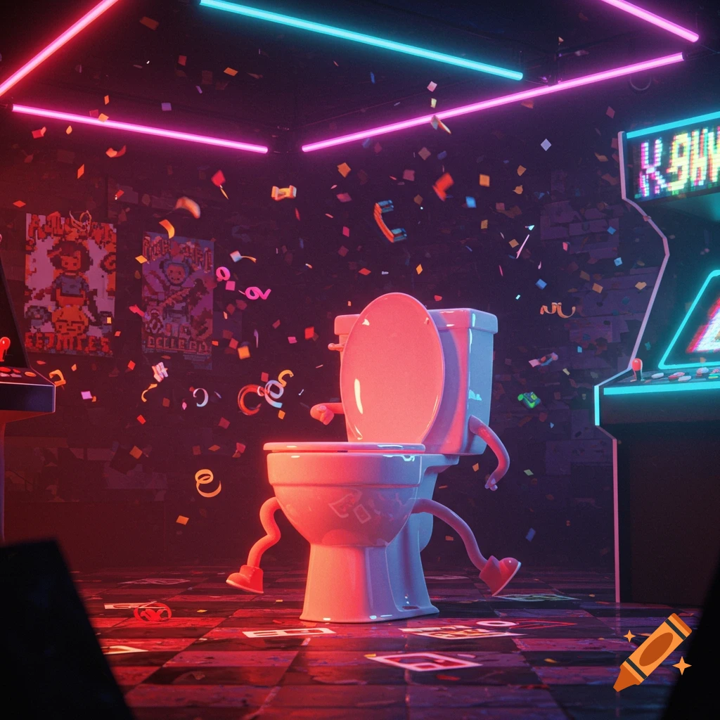 An anthropomorphic toilet with pink arms and legs stands in a neon-lit arcade room with confetti falling around it.