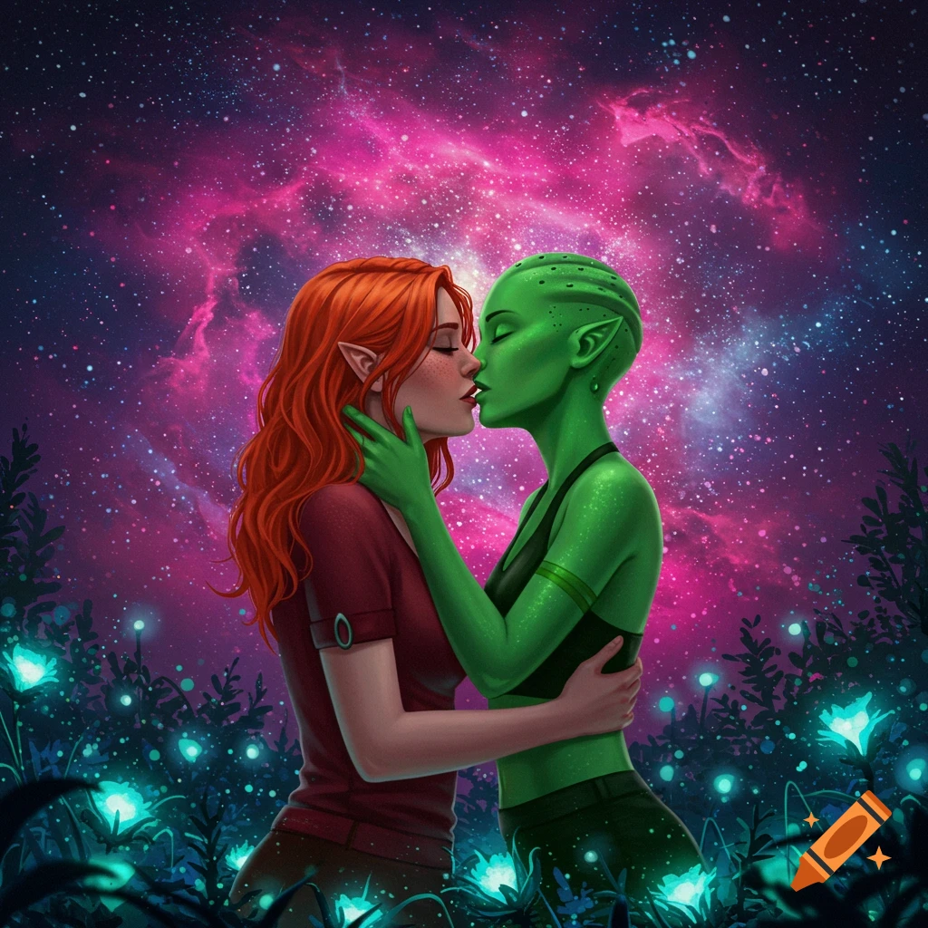 An illustration of a red-haired woman with pointed ears kissing a green-skinned alien woman under a vibrant cosmic sky with glowing plants.