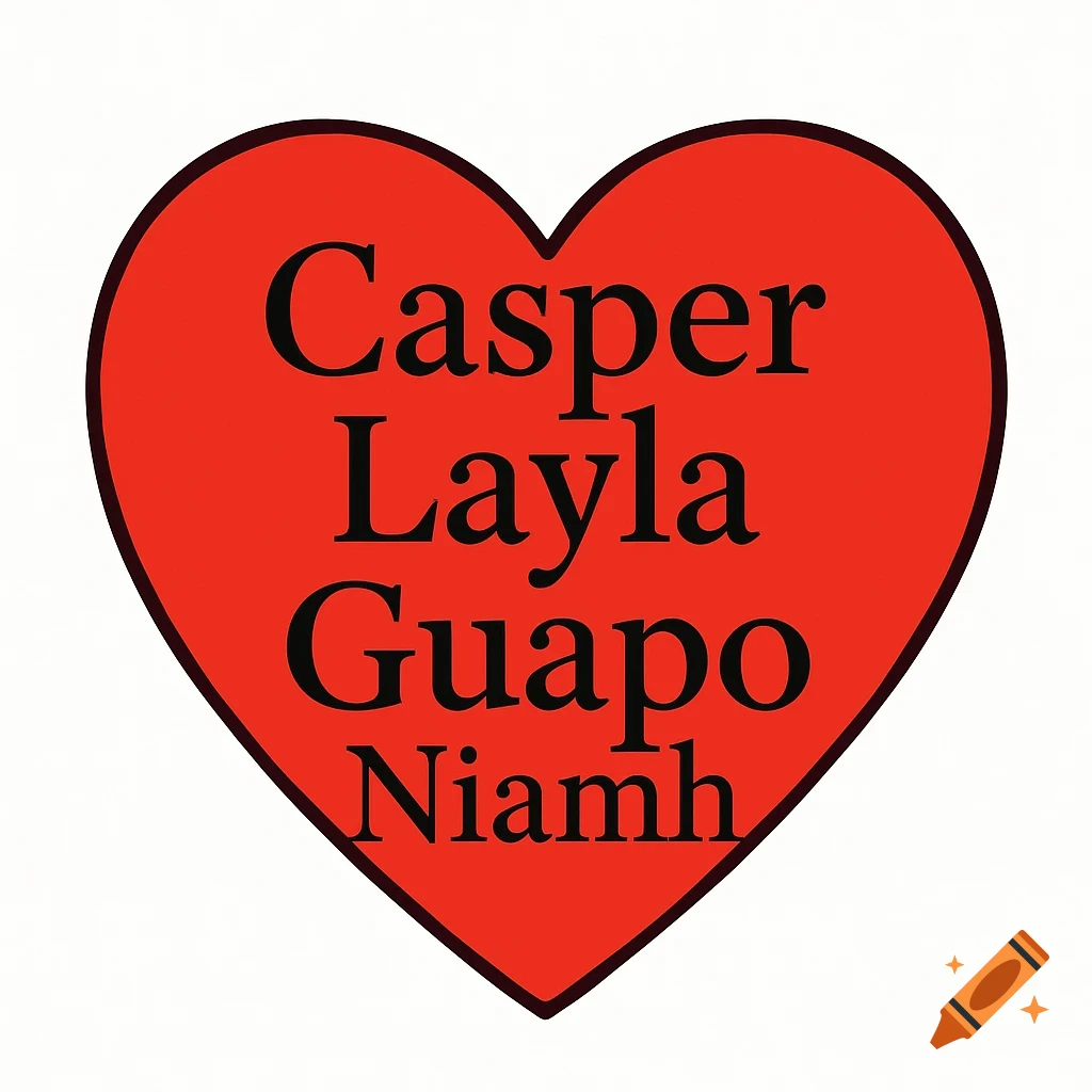 A red heart with the names Casper, Layla, Guapo, and Niamh written in black text inside.