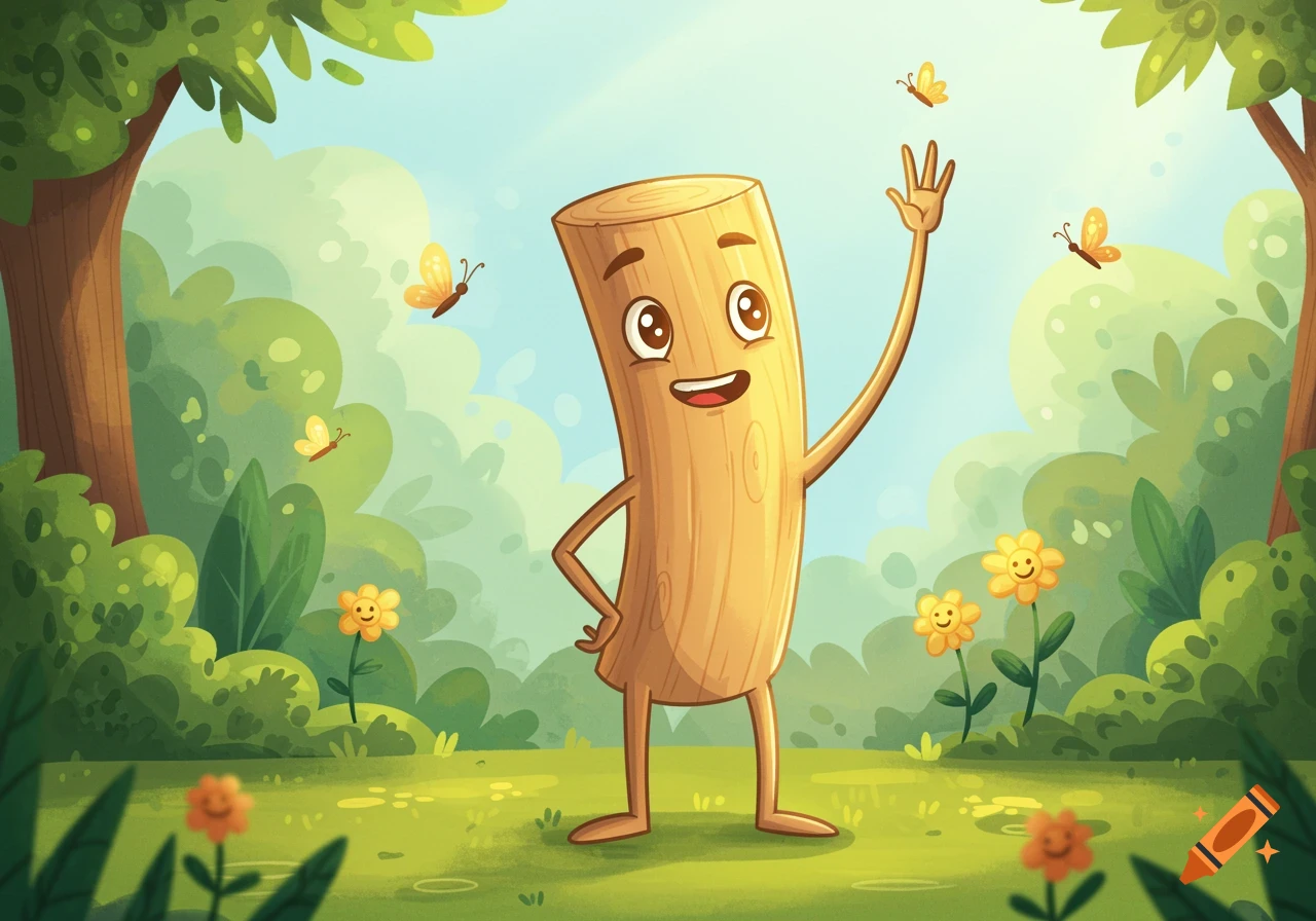 A happy cartoon wooden stick character with a face, arms, and legs, waving in a vibrant green forest with butterflies and smiling flowers.