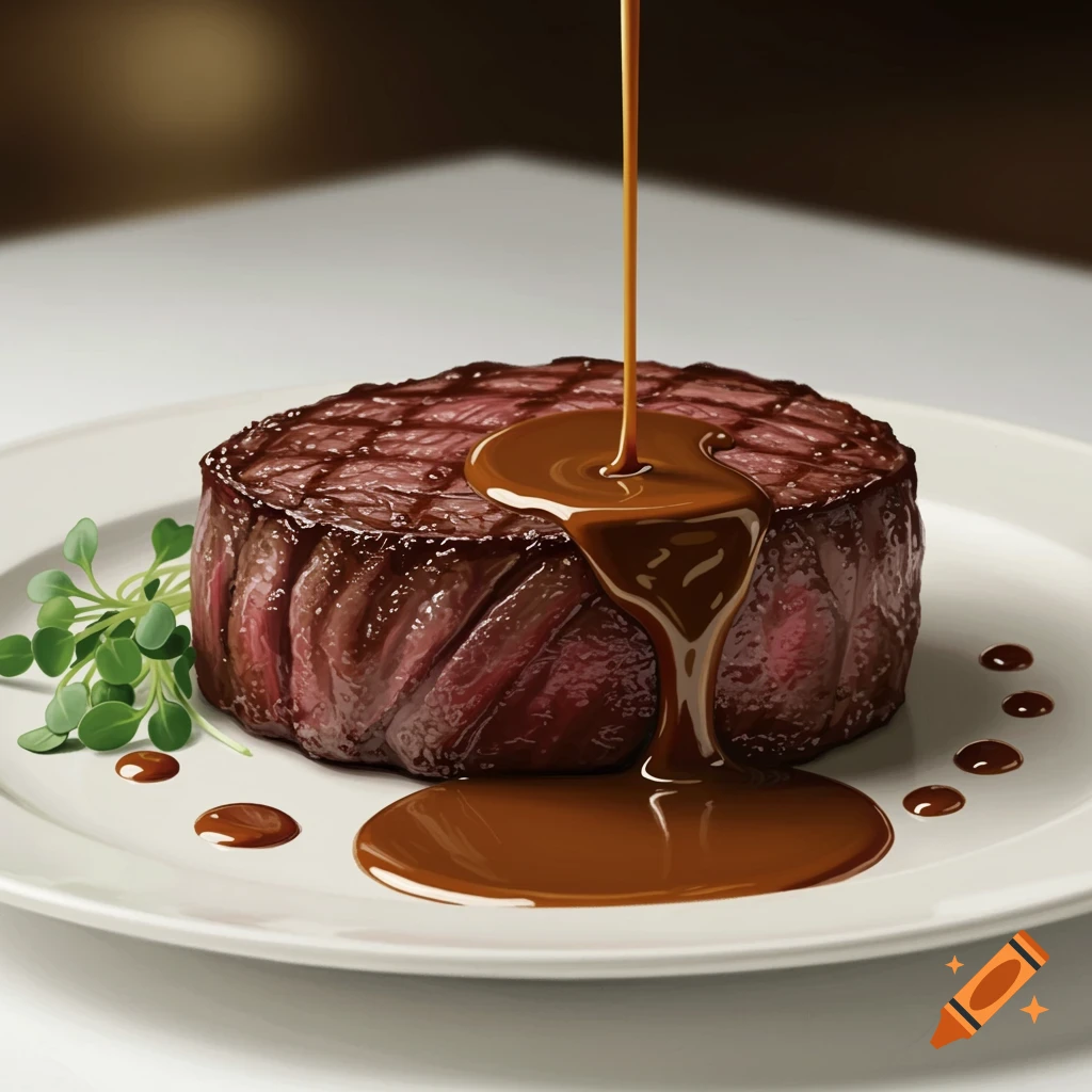 A photorealistic close-up of a perfectly cooked steak with a rich brown sauce drizzling over it, garnished with fresh greens on a white plate.