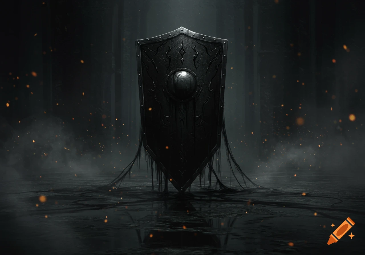 A dark, ornate shield stands on a wet, misty ground with glowing embers, dripping shadow-like material in a dark fantasy setting.