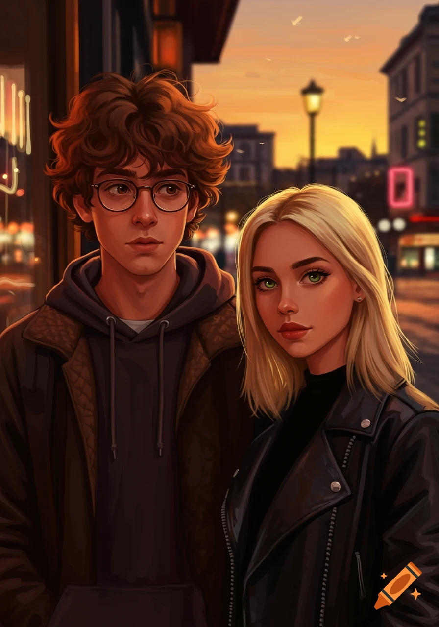 Stylized digital painting of a man with curly brown hair and glasses next to a blonde woman with green eyes, standing on a city street at sunset.