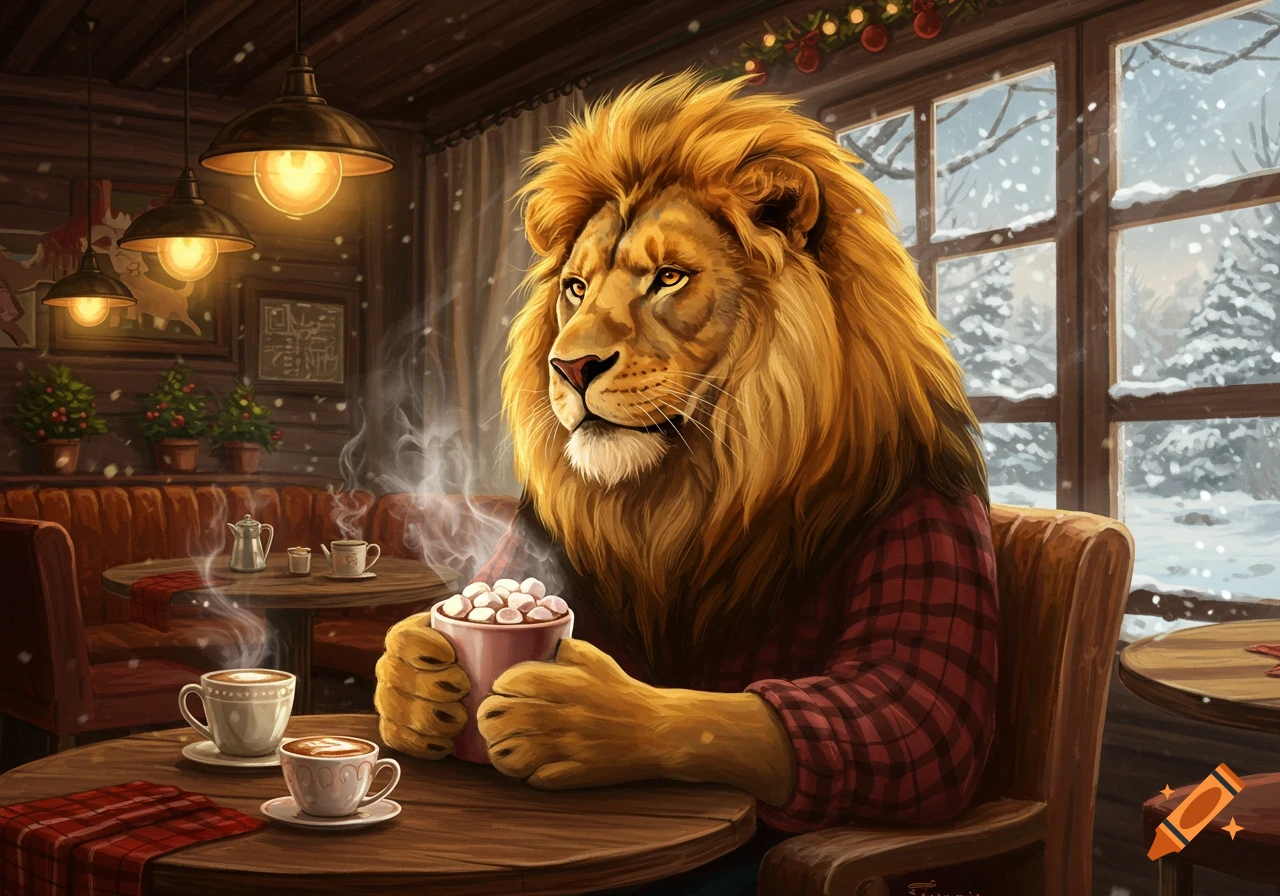 A majestic lion in a red plaid shirt sips hot cocoa with marshmallows in a cozy cafe during a snowy winter.