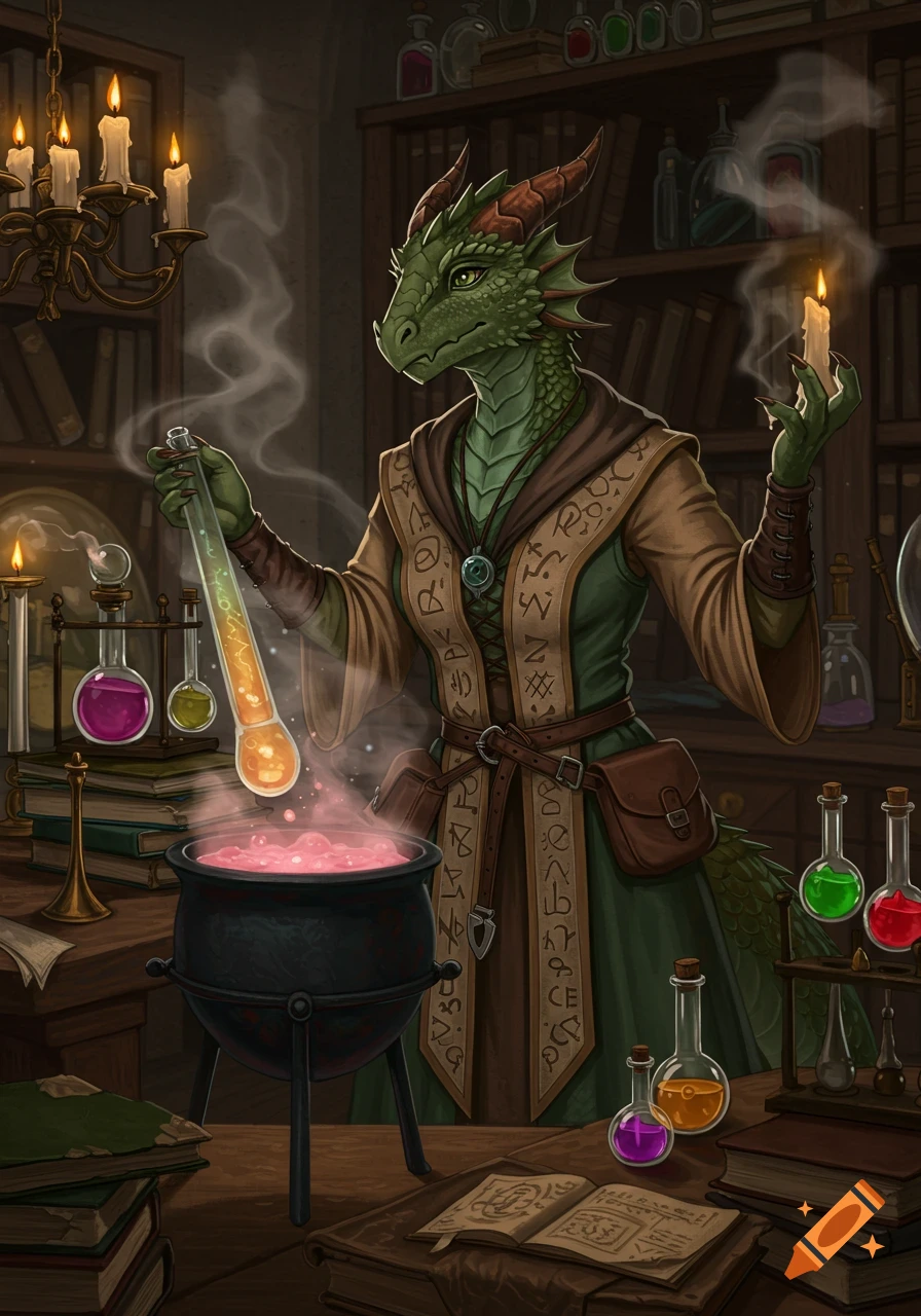 A green dragonborn alchemist in robes holds a test tube over a bubbling cauldron in a dimly lit study filled with potion bottles and books.
