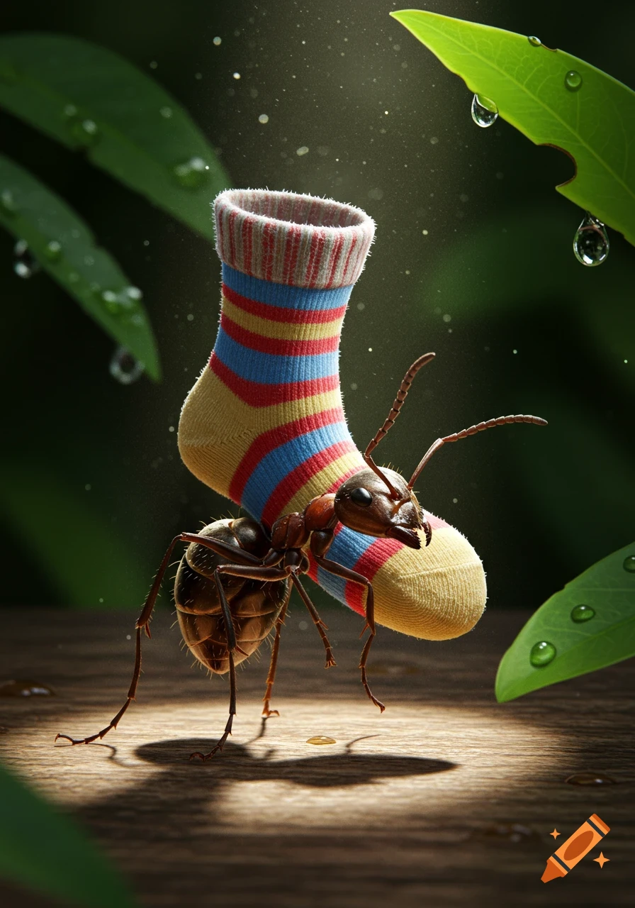 A close-up, photorealistic image of a large ant carrying a colorful striped sock on its back, in a lush, dewy forest setting.