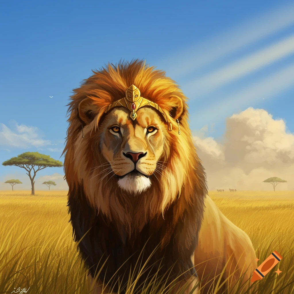 A majestic lion wearing a golden crown sits in a sunny savanna under a clear blue sky.