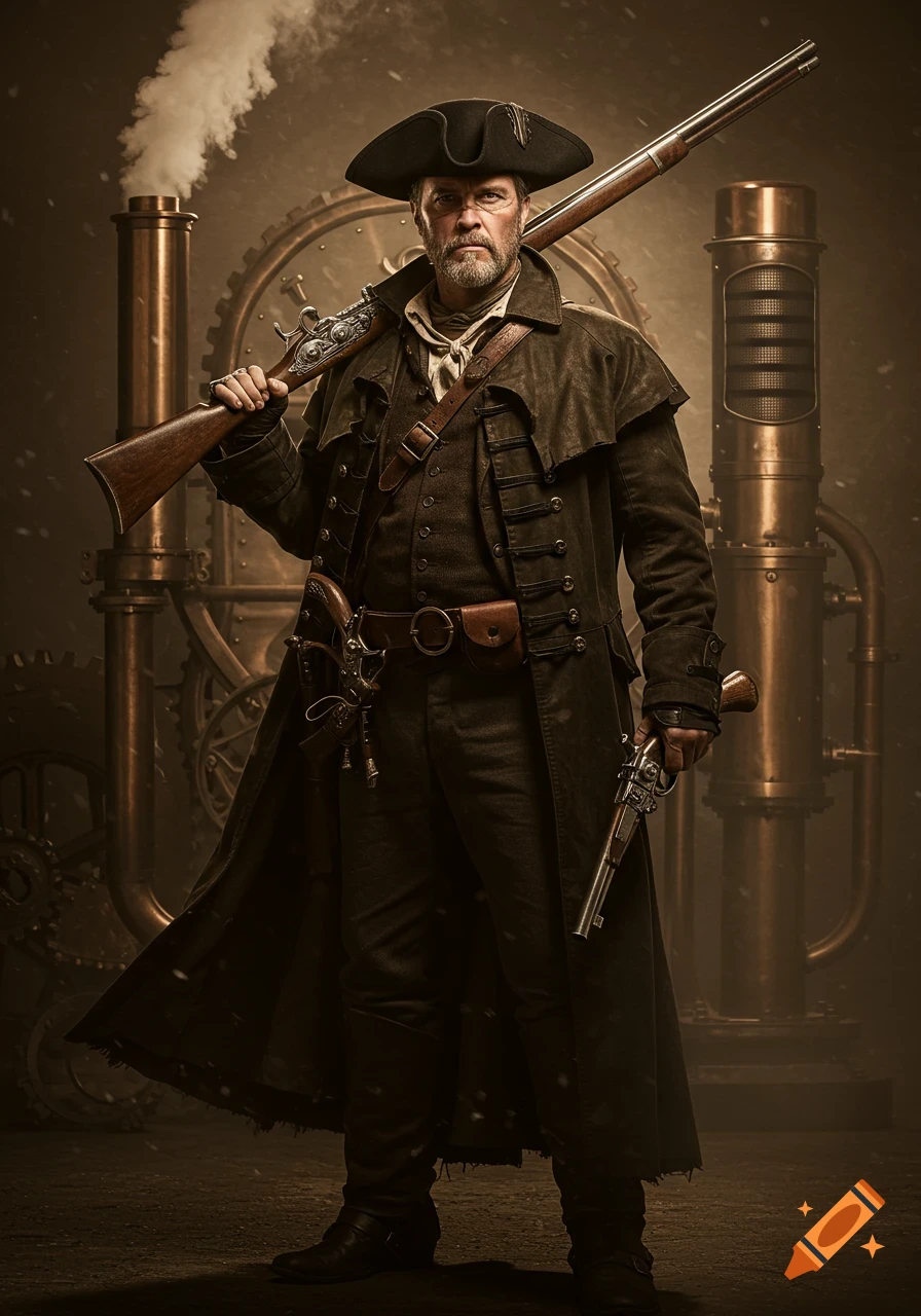 A rugged man in a tricorn hat and long duster holds a rifle and pistol against a steampunk industrial background.
