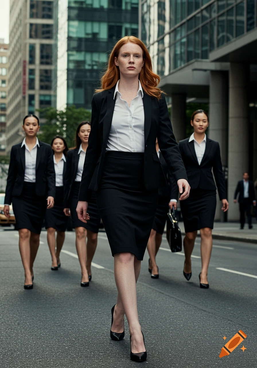 Photorealistic image of a redhead woman and other women in black business suits walking in sync on a city street.