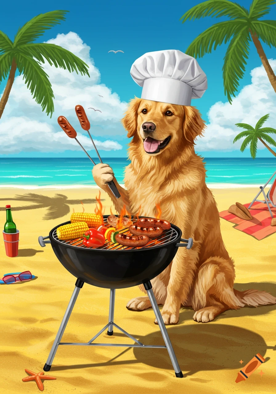 An illustrated golden retriever wearing a chef's hat grills sausages and vegetables on a BBQ at a sunny beach with palm trees and ocean.