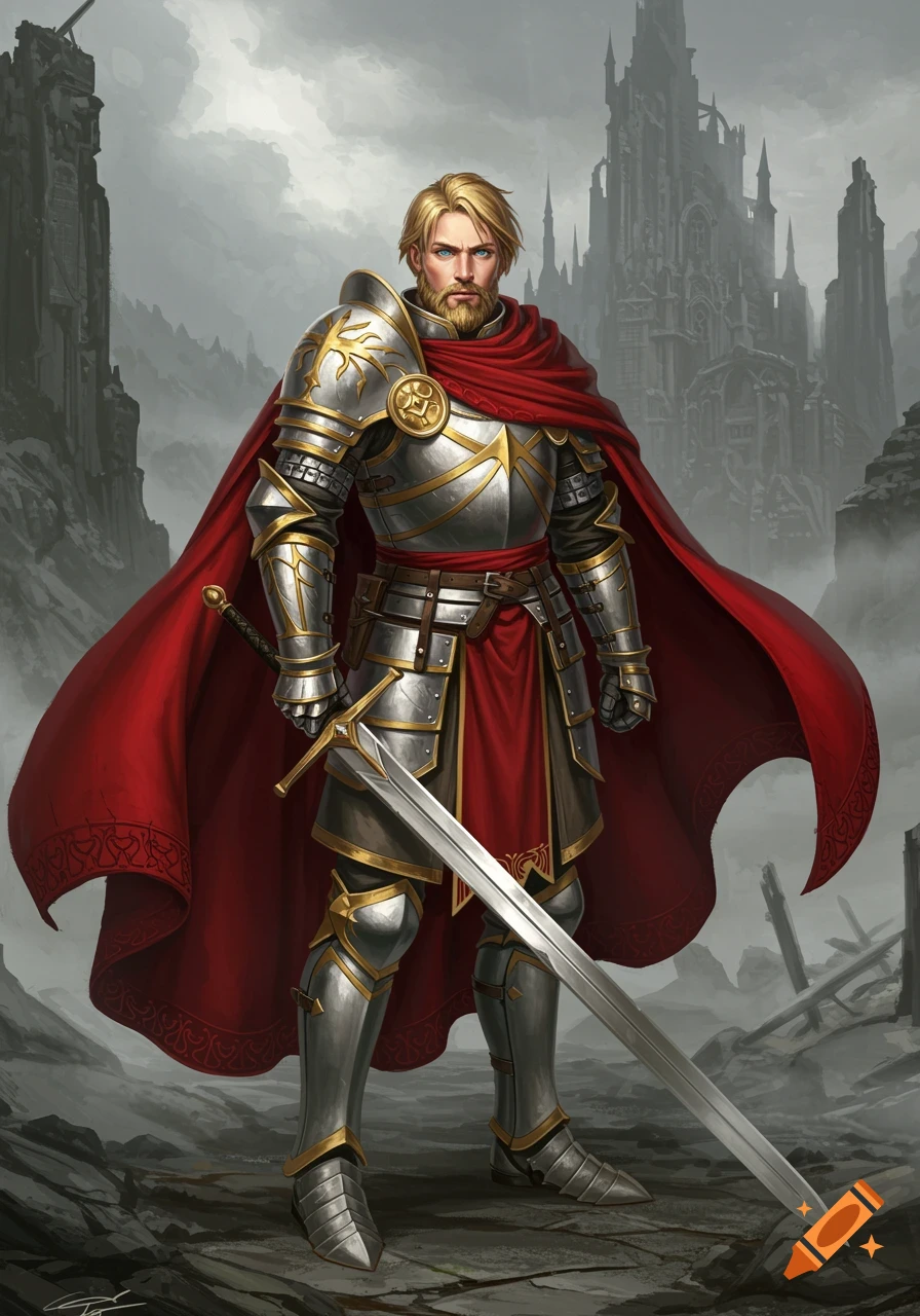 A blonde knight in silver and gold armor with a crimson cloak stands holding a sword before a ruined castle under an overcast sky.