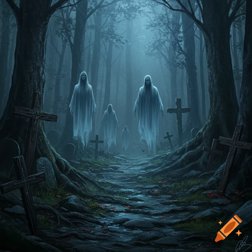 Eerie digital painting of ghostly figures floating through a dark, foggy forest graveyard with old wooden crosses.