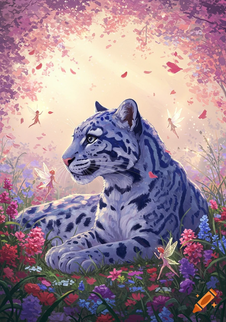 A blue and white clouded leopard lies in a vibrant flower field, surrounded by tiny fairies and falling pink petals, in a fantasy illustration.