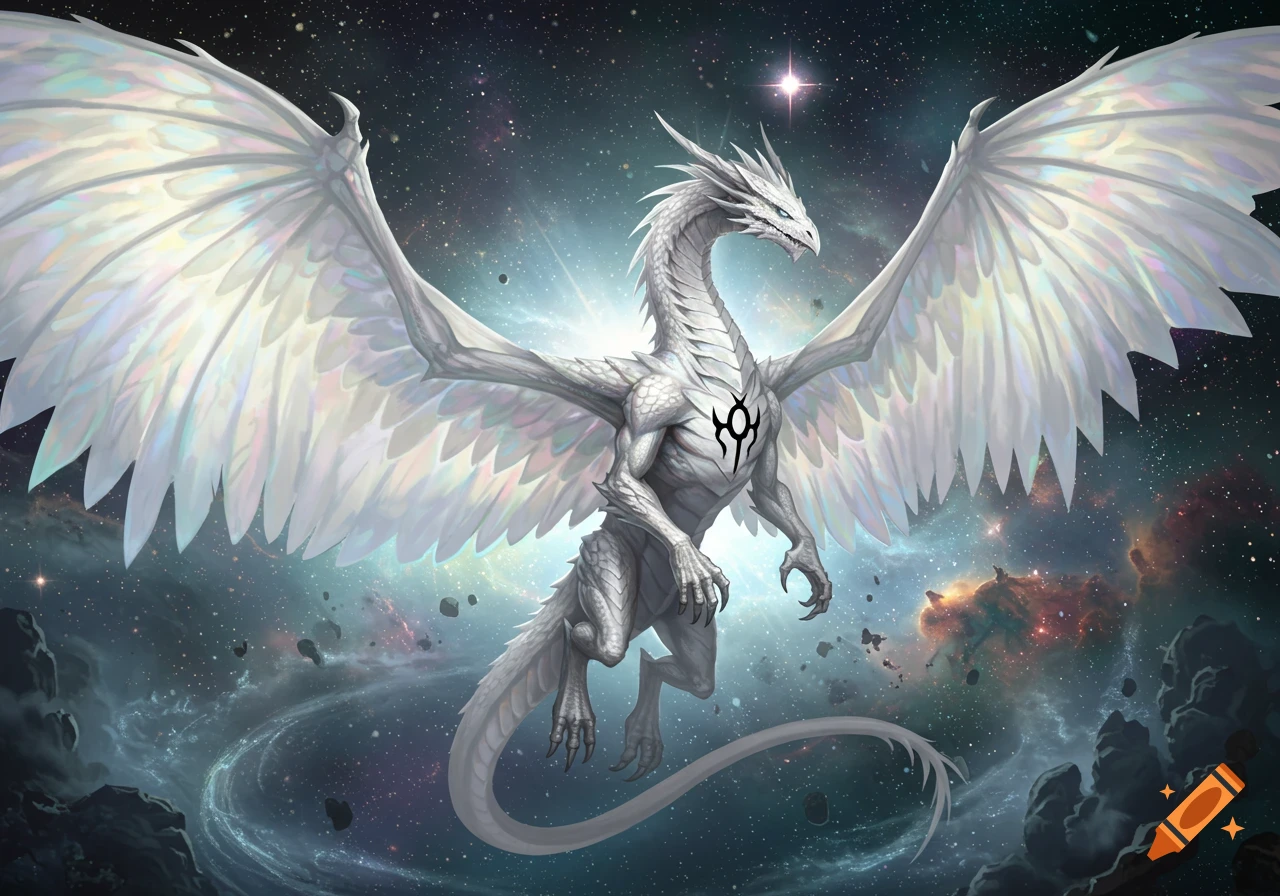 A majestic white dragon with large wings and a black symbol on its chest, soaring through a cosmic background filled with stars and nebulae.