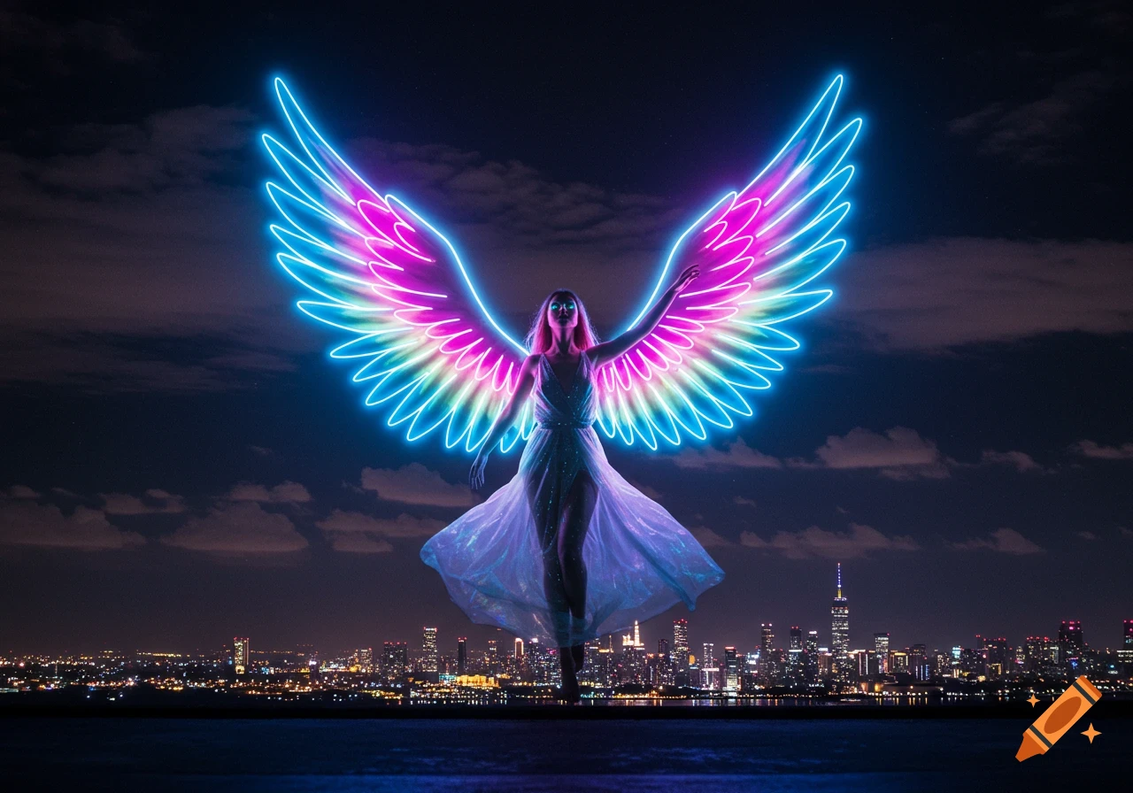 Photorealistic image of a person with large, colorful neon wings spread over a glowing city skyline at night.