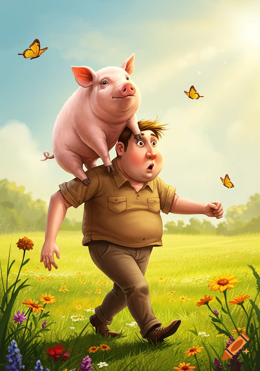 Cartoon man with a pig on his head walks through a sunny meadow with colorful flowers and flying butterflies, in an illustrative style.