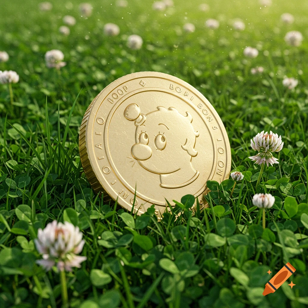 A photorealistic image of a gold coin with a cartoon character's face, lying in a field of green grass and white clover.