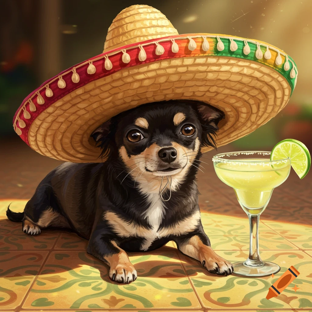 A cute black and tan chihuahua wearing a large straw sombrero lies on a patterned tile floor next to a margarita with a lime slice.