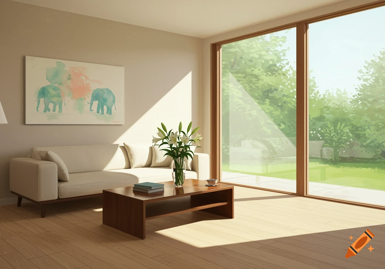 A bright living room with a beige sofa, wooden coffee table, and a vase of white lilies by a large window overlooking a lush green yard.