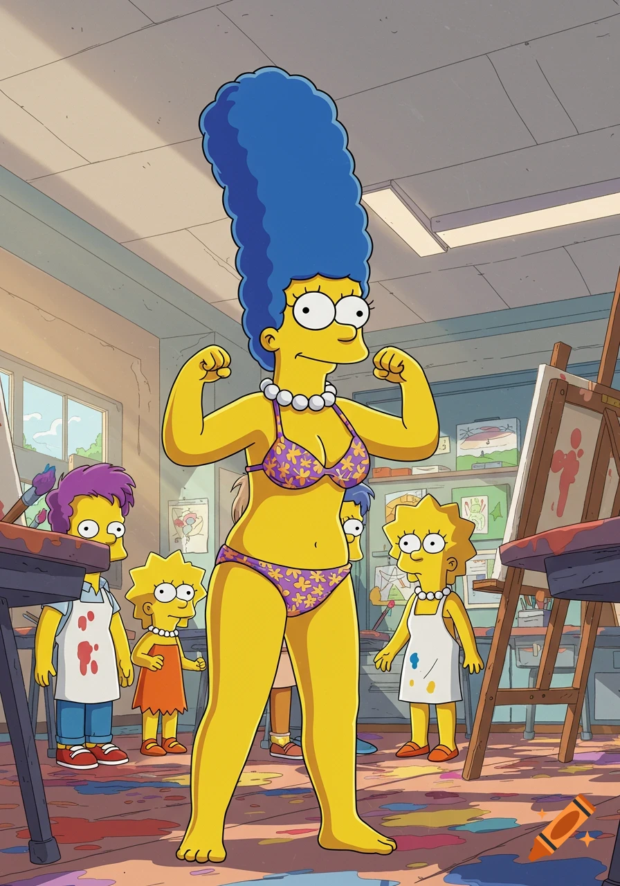 Marge Simpson in a purple floral bikini flexing her arms in a brightly lit art classroom, surrounded by children and paint splatters.