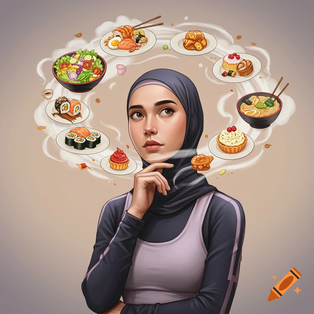 Illustrated woman in hijab sportswear with hand on chin, thinking, surrounded by various food dishes in thought bubbles.