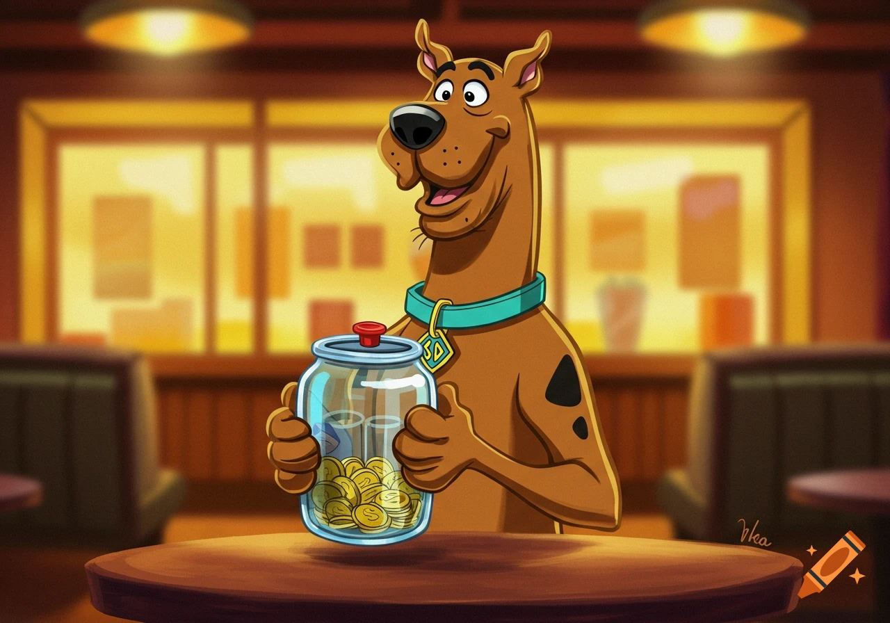 Scooby Doo, a brown cartoon dog, holds a glass jar filled with gold coins on a wooden table in a dimly lit diner.