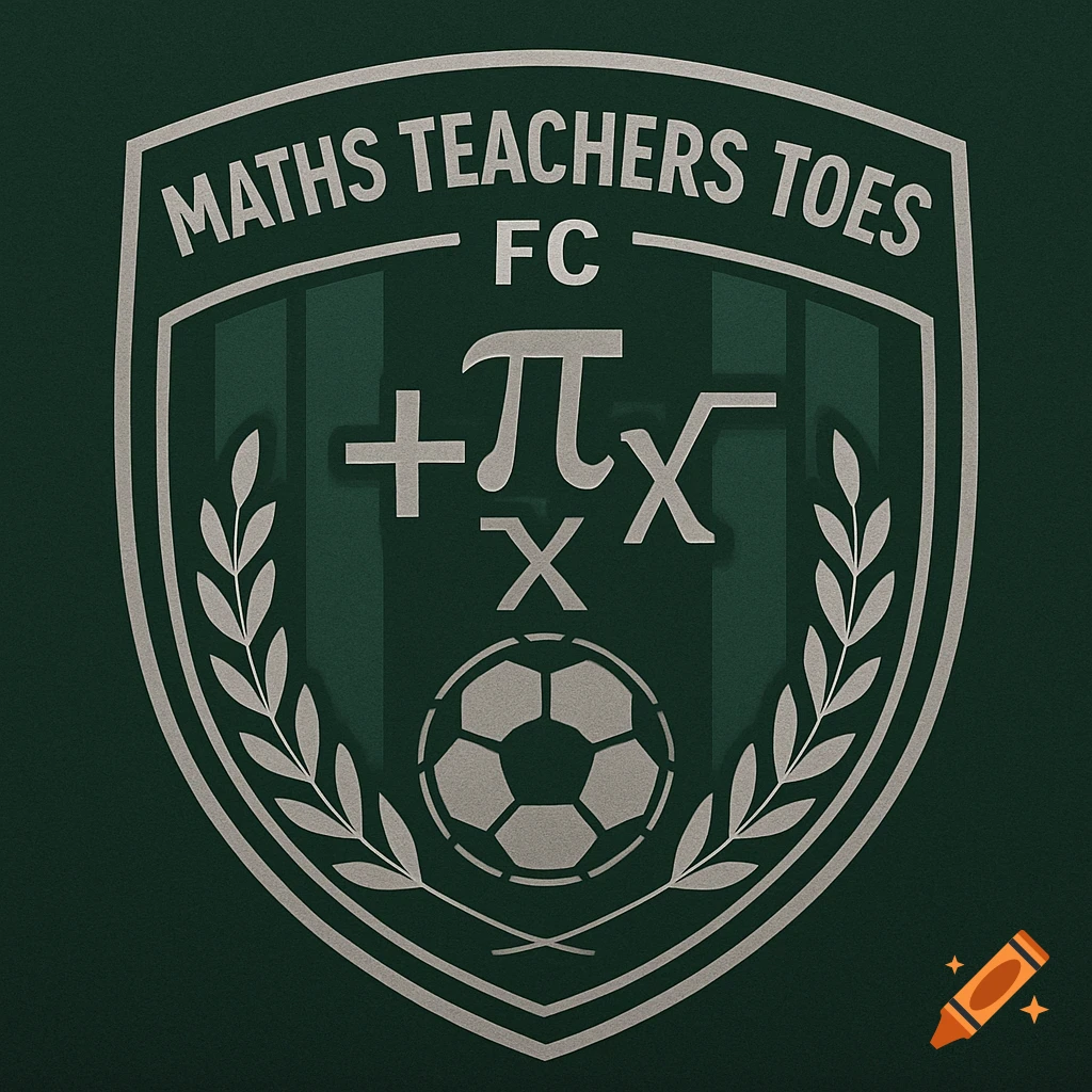 A dark green and grey football club badge with 'MATHS TEACHERS TOES FC' text, mathematical symbols, and a football.